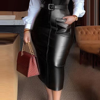 Women's Fashion V-Neck Long Sleeve Shirt Leather Trim Dress Belted Pocket Detail Bodycon Midi Dress