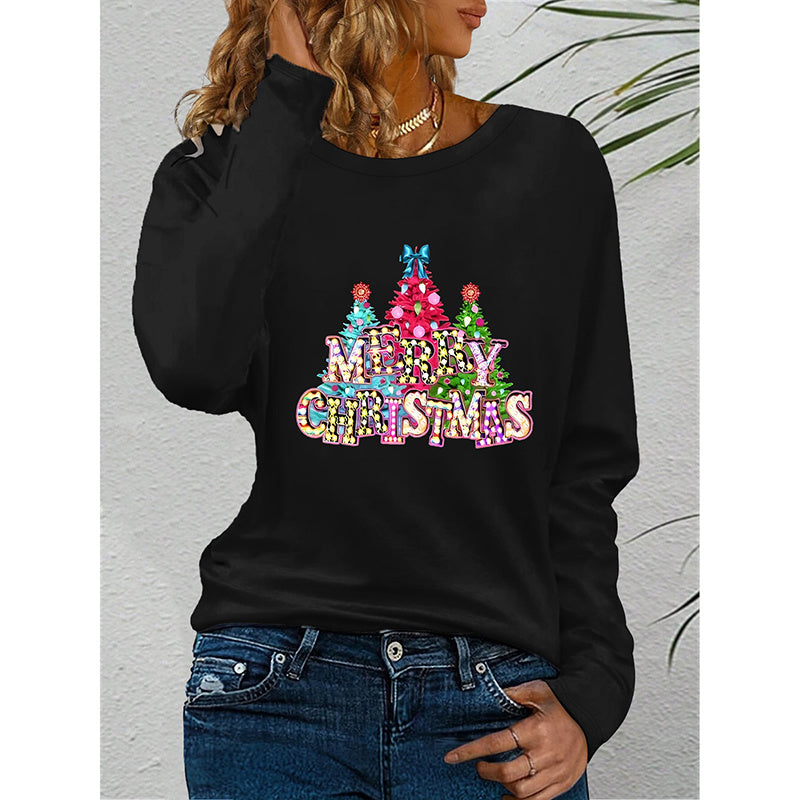 Women's Long Sleeve Merry Christmas T-Shirt, Cute Christmas Tree Graphic Tee, Funny Holiday Party Top