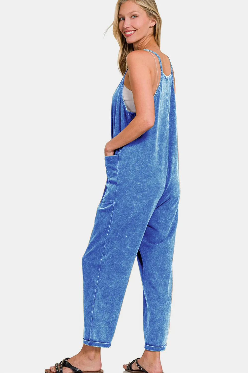 Zenana Washed Spaghetti Straps Overalls With Pockets