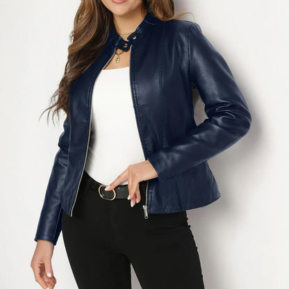 Women's Solid Color Long Sleeve Stand Collar Faux Leather Blazer - Single Button Zippered Jacket For Fall&Winter