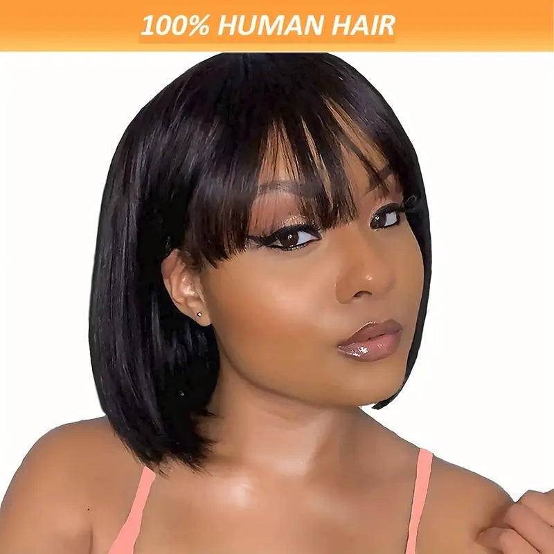 Brazilian Remy Non-toxic Wig, Straight Hair And Short Hair, Black. Human Hair Mechanism, Non-sticky And Non-toxic Wig With Bangs, Suitable For The Whole Scene.