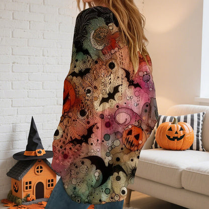Women's Diamond Hollow Out Batwing Sleeve Top - Loose Fit Pumpkin Halloween Print Blouse For Spring Summer