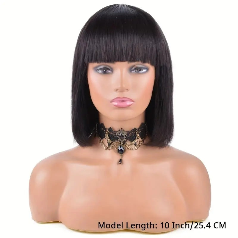 Brazilian Remy Non-toxic Wig, Straight Hair And Short Hair, Black. Human Hair Mechanism, Non-sticky And Non-toxic Wig With Bangs, Suitable For The Whole Scene.