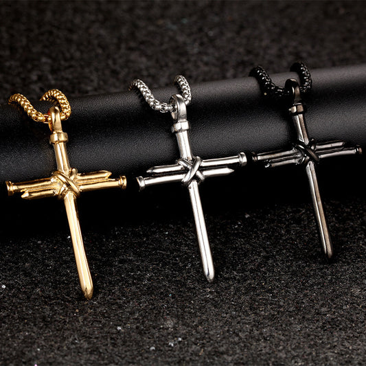 Steel Gold Black Color Fashion Iron Nail Cross Pendant Necklace Stainless Steel 3mm Round Box Chain Jewelry Gift