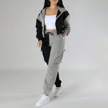 Women's Color Block 2 Piece Set, Full Zip Up Cropped Hoodie Jacket & Drawstring Cargo Pants, Casual Streetwear Outfit