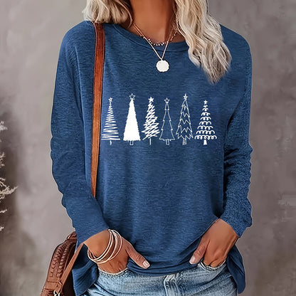 Christmas Shirts For Women, Cute Christmas Tree Graphic Long Sleeve T-Shirt, Funny Holiday Xmas Top For Party, Family Matching PJ Outfit