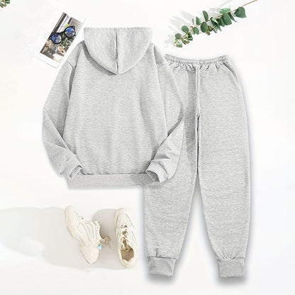 Women's Solid 2-Piece Set Letter Print Hoodie With Pocket & Drawstring Jogger Pants Casual Tracksuit