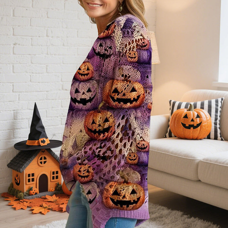 Women's Diamond Hollow Out Batwing Sleeve Top - Loose Fit Pumpkin Halloween Print Blouse For Spring Summer