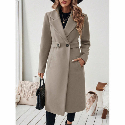 Women's Notch Lapel Trench Coat, Single Breasted Mid-Long Casual Formal Outerwear For Fall Winter