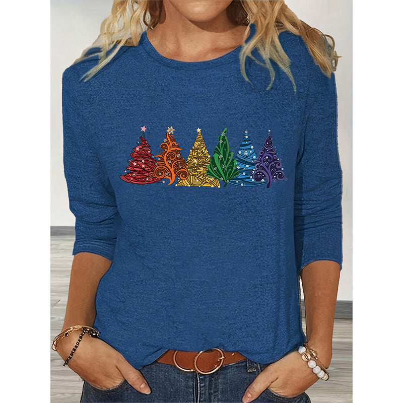 Christmas Shirts For Women, Cute Christmas Tree Graphic Long Sleeve T-Shirt, Funny Holiday Xmas Top For Party, Family Matching PJ Outfit